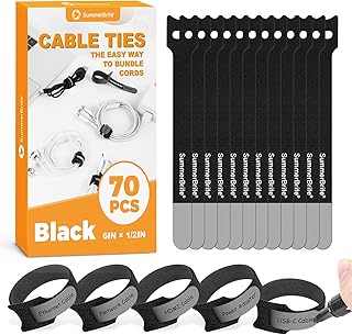 SummerBrite 70 Pack Black Cable Ties 6 Inch with Writable Labels, Reusable Cable Management Straps, Hook and Loop Cord Organizer for Home Office, PC Desk Setup, Electronics & Travel Wire Management