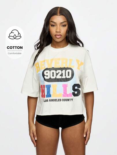 SUMWON WOMEN Beverly Hills  Crop Top Oversized T-Shirt LA County Graphic Print Retro TV Show Fan Streetwear Summer Festival Fashion $16.68