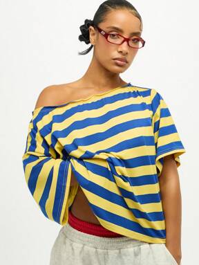 SUMWON WOMEN Off Shoulder Striped Top Casual Summer Fashion Oversized Loose Fit Boxy Short Sleeve Pullover Bold Street Style  #MessyChic