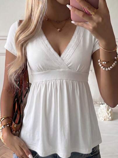 Sunny Girly Fall YK White Lace Trim V Neck Short Sleeve Tee, Soft Daily Top Perfect For Back To School Summer $1.89