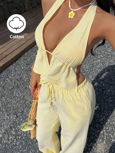 Sunnyshic pcs Women Yellow Cotton Deep V-Neck Backless Halter Top And High Waist Drawstring Wide Leg Pants,Summer Casual Holiday Vacation Fashion Outfit $19.69
