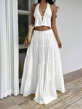 Sunnyshic Women's White Summer Boho Holiday Vacation  Pieces Set,Linen V-Neck Halter Backless Pleated Tank Top & Low Waist Multi-Layer Ruffle Hem Maxi Skirt $13.00 50% OFF