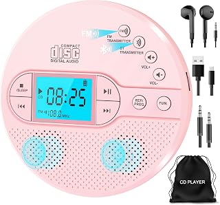 Sunoony Portable Pink Bluetooth CD Player with FM Transmitter & Headphones | 2000mAh Rechargeable with Anti-Skip, Supports CD/MP3, USB/AUX Output, CD Player for Car, Kids, Teens & Gifting