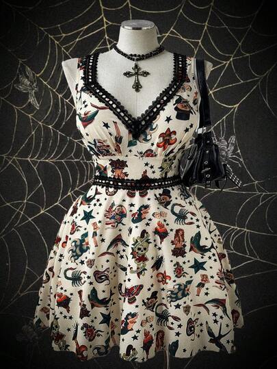 Sunspun Plus Size Spring/Summer Punk Animal Pastoral Skull Print Dress