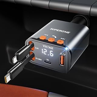 SUPERONE 69W Retractable Car Charger, Compact Bluetooth 5.3 FM Transmitter