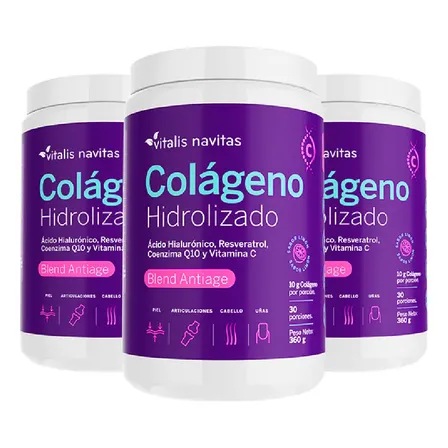 Suplemento en polvo Vitalis Navitas Col&aacute;geno Hidrolizado sabor lim&oacute;n en pote de360cc Plan 90 dias