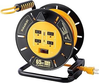 SURAIELEC 65FT Extension Cord Reel with 4 Outlets, USB Ports, ETL Listed | USB-A & USB-C Ports, 14AWG Heavy Duty Power Cord, 13A 1625W, Portable Hand Crank for Indoor Outdoor Use