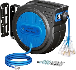 SURAIELEC 80FT Retractable Extension Cord Reel, 14 AWG, ETL Listed, Blue | Upgraded Anti-Tangle Roller, 14 AWG SJTOW Power Cord, 10A Circuit Breaker, 180&deg; Swivel For Garage Workshop