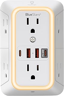 Surge Protector Outlet Extender, 6 Outlets & 4 USB Ports with Fast Charging Type C PD 20W, Night Light, 3-Sided Power Strip, Multi Plug Wall Charger for Home, Office, Travel, Cruise Ship