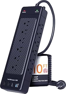 Surge Protector Power Strip 10ft Cord/High Joules Surge Protection (4800J) /Heavy Duty/Multiple outlets/Mountable/18AC/15A/ USB A+C(PD20W),Flat Plug,Commercial,Industrial,Office,Home,Black