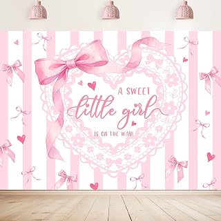 A Sweet Little Girl is On The Way Backdrop Baby Shower Party Decorations | 7x5ft Pink Stripes Bow Photography Background It's A Girl Banner Photo Studio Fabric