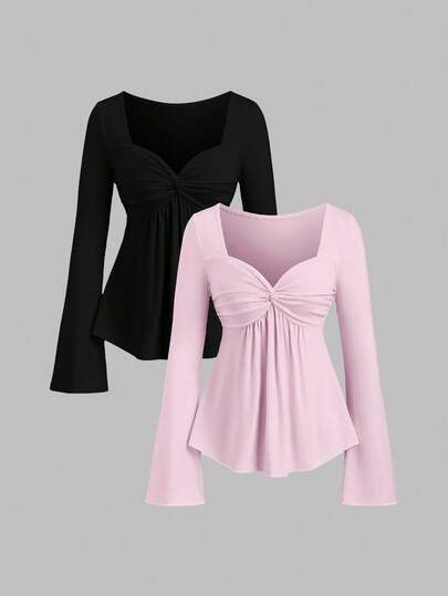 Sweetra pcs Women Elegant Slimming Comfortable Long Sleeve Versatile T-Shirt Set $17.69