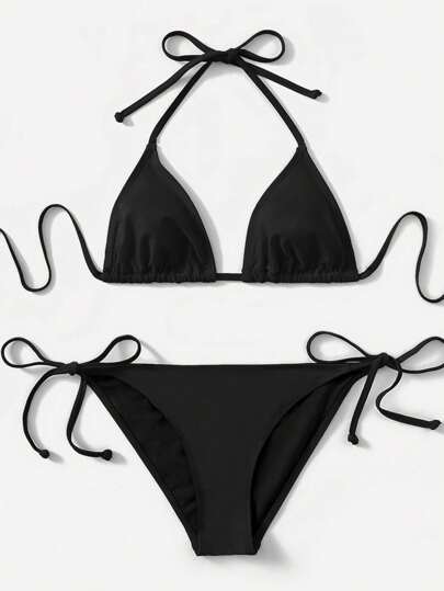 Swim Lushoire pcs 05 Solid Color Halter Top & Tie Back Bottom Bikini Set, For Summer Beach Vacation $9.79