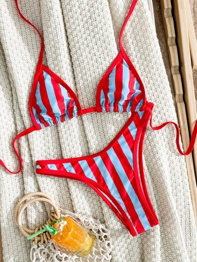 Swim Vcay 2026 New Spring/Summer Women 2pcs/Set Random Printed Striped Triangle Bikini Bottoms & Beach Vacation Casual Bikini Set Set