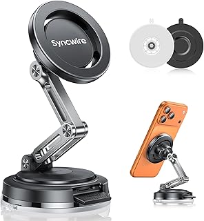 SYNCWIRE for MagSafe Car Mount [3-Axis Adjustable], Vacuum Magnetic Phone Holder with Replaceable Suction Cup Dashboard/Windshield, 360&deg; Rotation & Foldable, for iPhone 17-12 Pro Max Plus