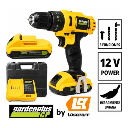 Taladro Atornillador Percutor Gp Garden Plus De Lusqtoff + 2 Baterias Inalambrico Mandril 10mm Con Regulador De Torque