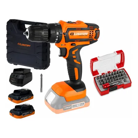 Taladro Atornillador Percutor Lusqtoff 18v 2 Bat + Puntas Naranja