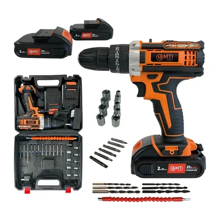 Taladro Atornillador Percutor Mti 2 Baterias Facil Transporte 20v Inal&aacute;mbrico Port&aacute;til Alta Potencia Naranja