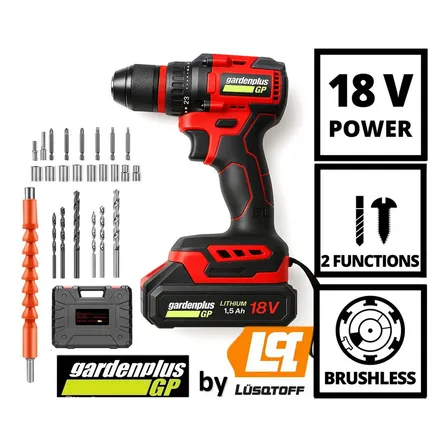 Taladro Brushless Atornillador Gp Garden Plus De Lusqtoff Lh-199bk Bateria Inalambrico 18v Mandril 10mm Metalico Con Regulador De Velocidad