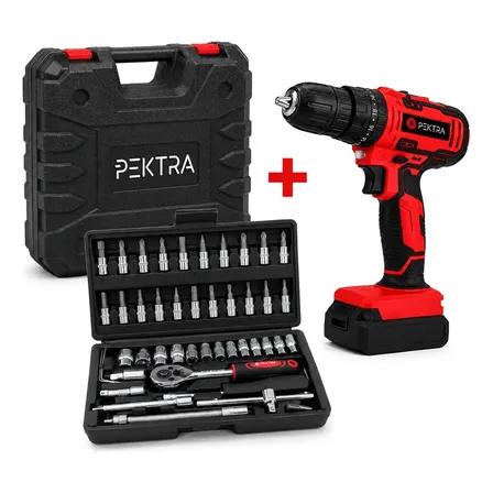 Taladro Inal&aacute;mbrico Percutor 18v + Set De Herramienta Pektra Rojo 50