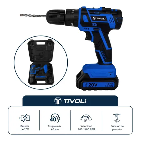 Taladro Percutor Atornillador Inal&aacute;mbrico Tivoli 20V + 40Nm + Percutor + Kit Completo Con Malet&iacute;n