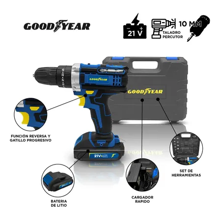 Taladro Percutor Inalambrico C/ Maletin Goodyear 21v 10mm + 1 Bateria Li-ion 1.5ah + Accesorios