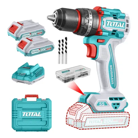 Taladro Percutor Y Atornillador Inal&aacute;mbrico Total, Industrial, Motor Sin Carbones - Mandril 13mm, 55nm - Con 2 Bater&iacute;as 2.0ah Litio-ion, Cargador, Malet&iacute;n, Mechas Y Puntas - Tidli20558
