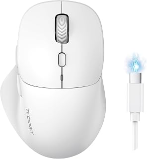 TECKNET Wireless Mouse Bluetooth 5.0/3.0 & 2.4G Rechargeable, Silent Clicks, Adjustable 4800 DPI, 6 Buttons, Ergonomic Design, Bluetooth Mouse for Laptop, Computer, ipad - White
