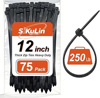 Thick Zip Ties Heavy Duty, 12 inch, Black, 250 lb High Strength, 75 Pack, Heavy Duty Zip Ties for Outdoor Use, Extra Wide & Strong UV Resistant Cable Ties, Wire Ties, SiKuLin