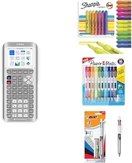 TI-84 Evo Graphing Calculator Bundle with Sharpie Tank Highlighters 12 Count, Paper Mate Clearpoint 0.7mm Pencils 10 Count & BIC 4-Color 3+1 Pen 0.7mm