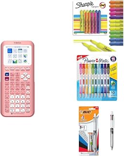 TI-84 Evo Graphing Calculator Pink + Sharpie Tank Highlighters 12 Count + Paper Mate Clearpoint 0.7mm Pencils 10 Count + BIC 4-Color 3+1 Pen 0.7mm Bundle