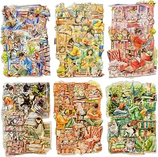 TIAMECH Cat in Bookstore PET Stickers - 90 Pcs Accompanying Read Corner & Book House Design, Waterproof Sticker for Journaling & Scrapbooking, Junk Journal Supplies, Ephemera & DIY Crafts