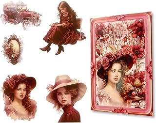 TIAMECH Red Flame Black Yarn Baroque Stickers Book | Victorian Girl Series, 20 Sheets Waterproof PET Scrapbooking Stickers for Junk Journaling, Decorative Ephemera & DIY Crafts