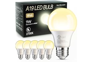 TJOY 6 Pack A19 LED Light Bulbs, 60 Watt Equivalent LED Bulb, Soft Warm White 2700K, Efficient 9W, E26 Standard Base, Non Dimmable Energy Saving Lightbulb, 800LM, 80 CRI, 120V, UL Listed