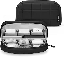 TOPEAST Quilted Cable Organizer Bag, Soft Tech Pouch & Travel Electronics Case with Elastic Pen Loop, Tangle-Free Cord Organizer for Women, Office Desk, AirPods, Chargers & Accessories, Black