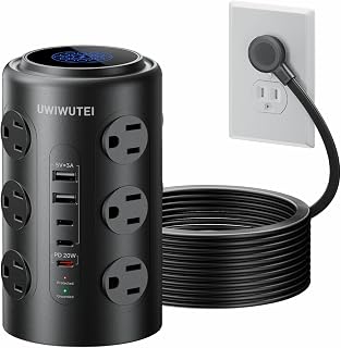Tower Power Strip with 1 Dedicated PD 20W Fast-Charging Port, 12 Outlets, 5 USB Ports (3 USB-C), Desk Charging Station for Multiple Devices, 6FT Extension Cord（Black
