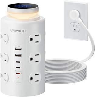 Tower Power Strip with Night Light,PD20W USB C Power Strip Tower with Multiple Outlets, 12 Outlets,5 USB Ports (3 USB-C), 6FT Extension Cord Desk Charging Station for Home,Office,Dorm Essentials,White
