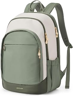 Travel Backpack for Women, 15.6 Inch, Beige+Green | Laptop Backpack, USB Charging Hole, Water Resistant, Large Capacity, College Bookbag