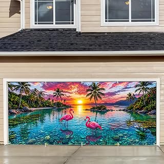 Tropical Sunset Garage Door Banner Cover- Pink Flamingo & Palm Tree Beach Backdrop - Large 7x16ft Outdoor Scenic Wall Mural - Durable Weatherproof Fabric for Home Garden & Summer Party Decor