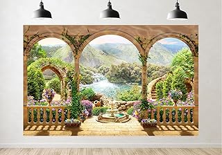 TryKid 5x3ft European Palace Balcony Garden Backdrop Flowers Green Mountain Trees Lake Waterfall Landscape Arch Photography Background Wedding Birthday Party Banner Tapestry Room Decoration