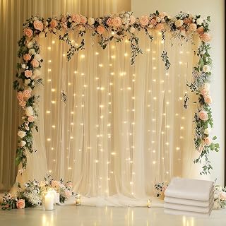 Tulle Backdrop Curtain with Lights 20x8FT Champagne Sheer Curtains | Wedding Backdrop Curtains with Lights String for Birthday Party Reception Photo Booth Background Decorations(4 Panels 5x8FT)