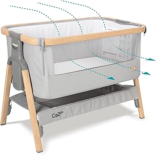 Tutti Bambini CoZee&reg; 2-in-1 Baby Bassinet & Bedside Sleeper - Fast-Folding Bedside Bassinet, Baby Crib with 6 Mattress Heights & Breathable Mesh Window, Mattress Included, 0-6 Months (Silver & Oak)