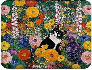 Tuxedo Cat Floral Mouse Pad, Cottagecore Flower Funny Black and White Cat Mouse Pad for Work Computers Laptop Home Office Dorm Desk Accessories, 9.5x7.9 Inch