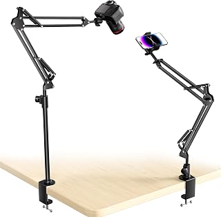 UBeesize Overhead Camera Mount with 360&deg; Adjustable Arm & Phone Holder for TikTok Live Streaming Photography Studio Content Creation, Desk Mount for DSLR Cameras/Webcam/iPhone/Ring Light/Microphone