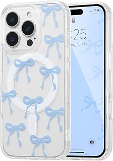 UEEBAI Magnetic for iPhone 15 Pro Max Case, Bow Case Compatible with MagSafe, Wireless Slim Clear Ribbon Aesthetic Phone Cover Anti-Yellowing Shockproof Protective Cover for Women Girl - Baby Blue