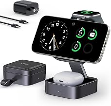 UEQ 3 in 1 Wireless Charging Station for Apple Devices,Compatible with MagSafe Charger Stand,Foldable Fast Travel Magnetic Wireless Charger for iPhone 17 Air 16 15 14 13 12,Apple Watch&AirPods Pro