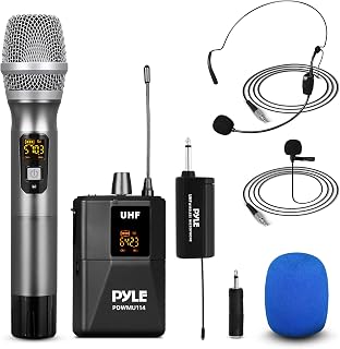 UHF Wireless Microphone System Kit - Portable Professional Cordless Microphone Set Wireless Mic - Headset, Lavalier, Handheld Mic, Beltpack Transmitter, Receiver - Karaoke, Conference - Pyle PDWMU114
