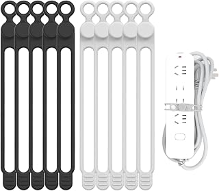 UMUST Silicone Cable Straps, 10pcs Extra-Long Reusable Hanging Organizer for Cables, Kitchen, Home, School (Black & White)
