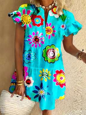 UREREM Plus Size Women's Floral Print V-Neck Casual Loose Summer Dress Elegant Vacation  Flash Sale