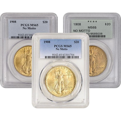 US Gold $20 Saint-Gaudens Double Eagle PCGS MS65 1908 No Motto Random Label